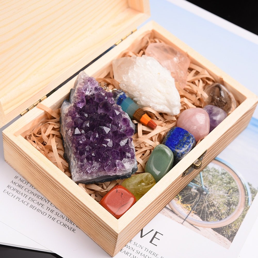 Natural Healing Stones with Wooden Box
